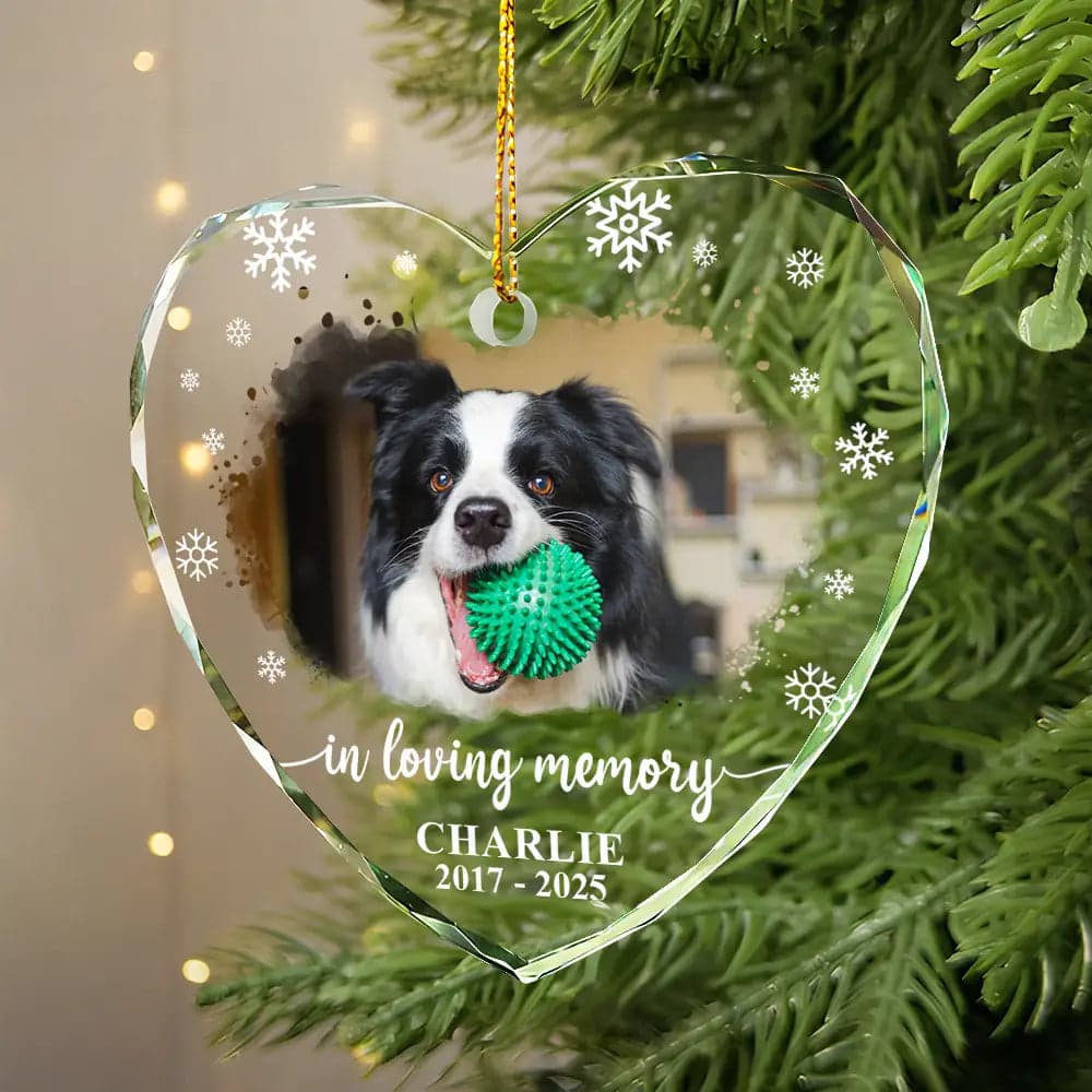 Pet Memorial Heart Ornament | Personalized Photo Dropship MOQ 1 - Glass Ornament Detail | Wholesale POD Supplier | MCDFL