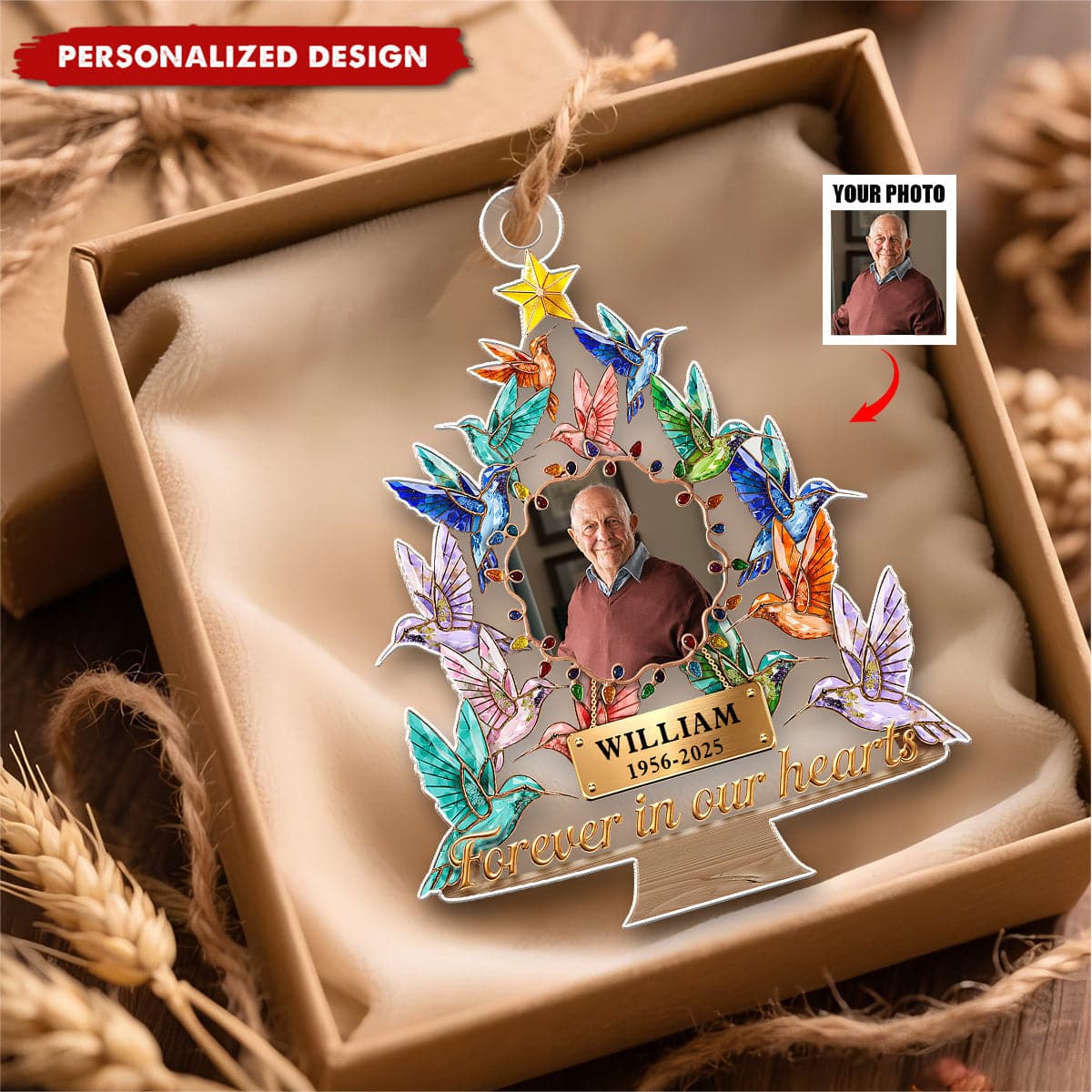 Christmas Custom Photo Hummingbird Memorial Ornament | POD Dropship MOQ 1 - Custom Acrylic Ornament Wholesale | MCDFL