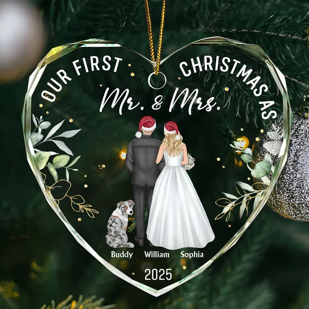 Personalized Christmas Heart Ornament | Custom Mr & Mrs Wedding, Dropship MOQ 1 - Custom Glass Ornament Wholesale | MCDFL