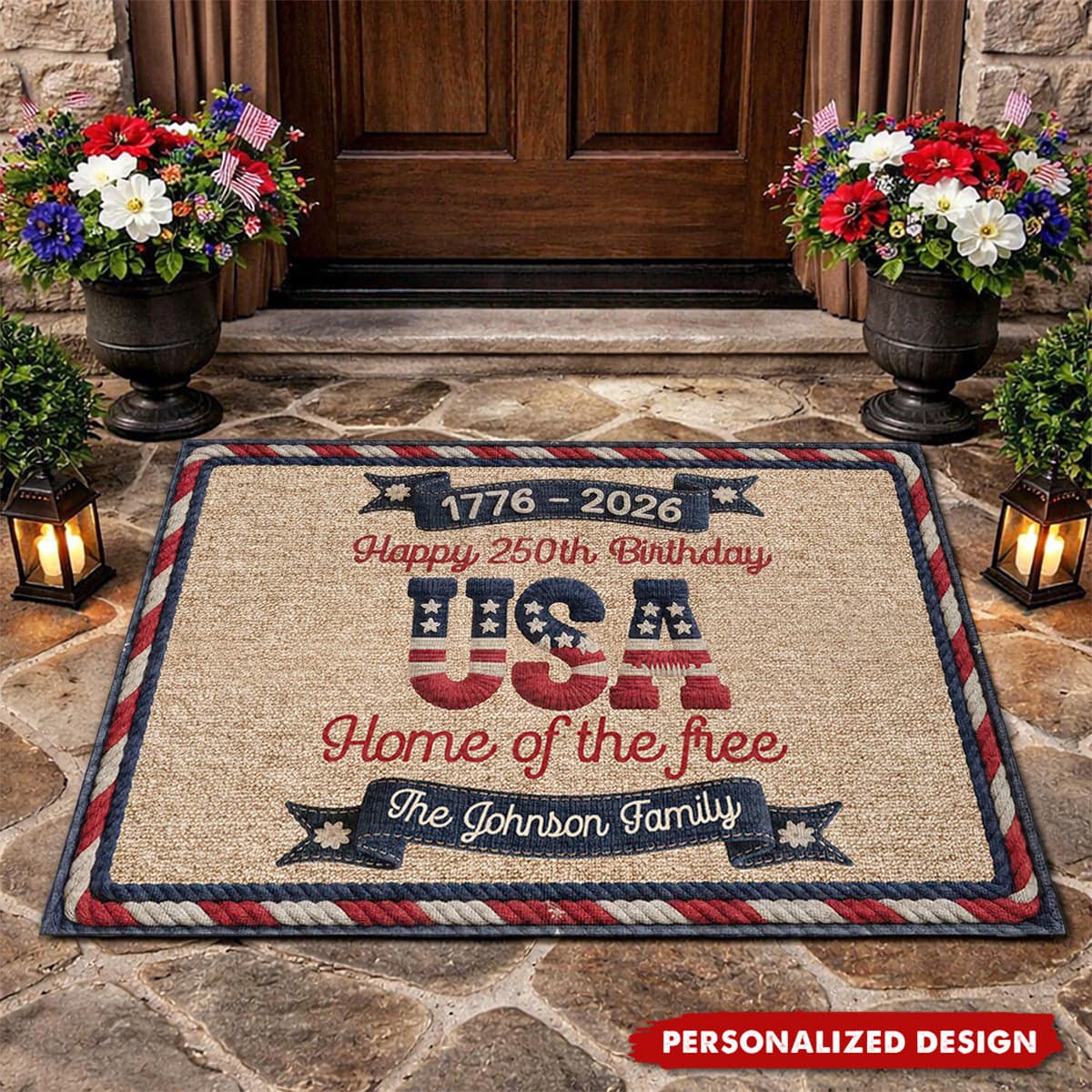 USA 250th Birthday Personalized Doormat | POD Dropship, Custom Family Name - Custom Doormat Wholesale | POD Dropship Supplier | MCDFL