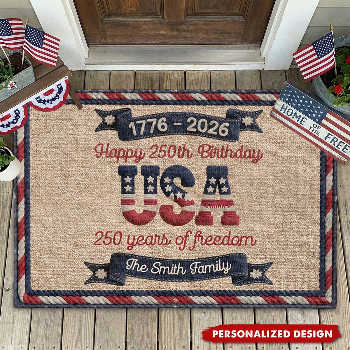 USA 250th Birthday Personalized Doormat | POD Dropship, Custom Family Name - Doormat Detail | Wholesale POD Supplier | MCDFL